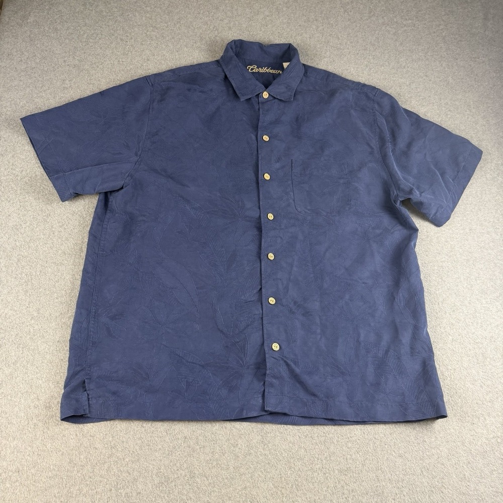 Caribbean XL Blue Modal Camp Shirt Tropical Jacquard Resort Button Up Y2K